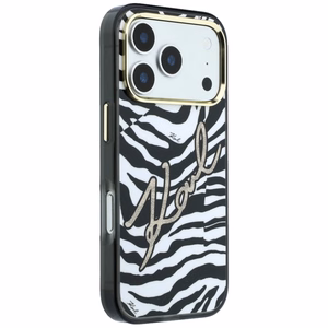 Karl Lagerfeld IML Signature Zebra Glitter MagSafe maciņš modelim iPhone 17 Pro / 18 Pro – zelta krāsā