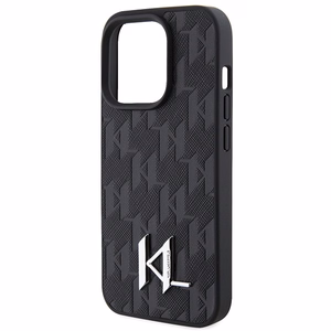 Karl Lagerfeld ādas monogramma karsts zīmogs metāla logotips viedtālruņa apvalks iPhone 15 Pro - melns