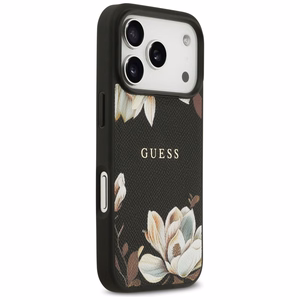 Guess Grained Flowers Classic Logo MagSafe viedtālruņa apvalks iPhone 17 Pro - melns (m)