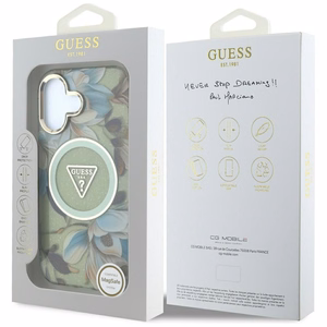 Guess Glitter Flowers Triangle Buttons Magnētiskais viedtālruņa apvalks iPhone 16 - zaļš
