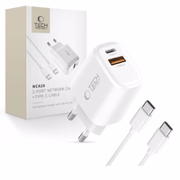 Tech-Protect NCA20 PD 20W QC3.0 USB-A / USB-C sienas lādētājs + USB-C / USB-C kabelis 100cm - balts