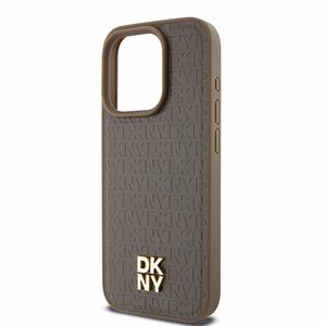 DKNY Ādas monogrammas raksta metāla logotips Magnētiskais viedtālruņa apvalks iPhone 15 Pro - brūna
