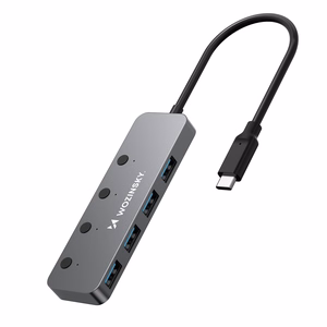 Pelēks alumīnija 4 × USB-A 3.0 centrmezgls Wozinsky WHS080YSS ar atsevišķiem slēdžiem un 15 cm USB-C kabeli