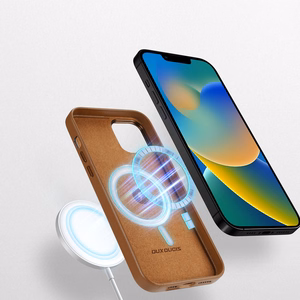 Dux Ducis Grit ādas apvalks iPhone 14 Plus Elegants mākslīgās ādas apvalks (MagSafe saderīgs) Brūns