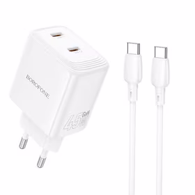 Borofone sienas lādētājs BN31 Cargador GaN - 2x Type C - QC 3.0 PD 45W ar Type C uz Type C kabeli balts