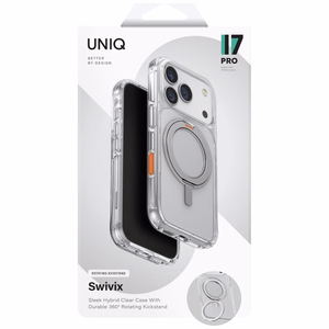 Uniq Swivix vāciņš iPhone 17 Pro ar 360° rotējošu statīvu – caurspīdīgs