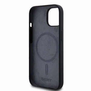 DKNY apvalks no šķidrā silikona MagSafe viedtālrunim iPhone 15 Plus / 14 Plus ar balto logotipu - melns (m)