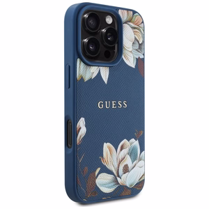 Guess Grained Printed Flower Pattern MagSafe viedtālruņa apvalks iPhone 16 Pro zils