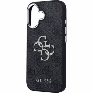 GUESS viedtālruņa apvalks IPHONE 17 GUHCP17SP4G4SMCK (4G PU ādas apvalks ar lielu 4G un klasisko logotipu un sudraba metāla kameras rāmi) melns