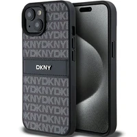 DKNY Ādas mono svītra un metāla logotips viedtālruņa apvalks iPhone 15 Plus / 14 Plus - melns