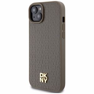DKNY Ādas raksts metāla logotips Magnētiskais viedtālruņa apvalks iPhone 15 Plus / 14 Plus - brūna
