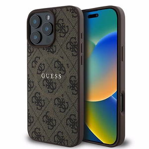 Guess 4G gredzens klasiskā logotipa magnētiskais viedtālruņa apvalks iPhone 16 Pro - brūns