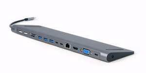 Gembird A-CM-COMBO9-01 USB Type-C 9-in-1 vairāku portu adapteris (USB centrmezgls + HDMI + VGA + PD + karšu lasītājs + LAN + 3.5 mm audio), kosmiski pelēks