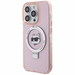 Karl Lagerfeld KLHMP15LHMRSCHP iPhone 15 Pro 6.1" rozā/rozā cietais apvalks ar gredzena statīvu Choupette Galva Magnētiskais