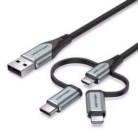 Vention USB 2.0 A Male to 3-in-1 Micro-B&USB-C&Lightning Male Cable 1M pelēks Aluminum Alloy Type