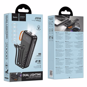 Portatīvais lādētājs Hoco 20000 mAh 2A ar iebūvētiem kabeļiem USB A + USB C + Lightning + Micro USB un dubultu gaismu J151A melns