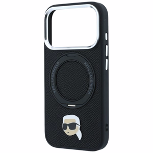 Melns MagSafe vāciņš Karl Lagerfeld ar 360° gredzena statīvu un Karla galvas emblēmu iPhone 18 Pro Max / 17 Pro Max
