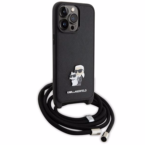 Karl Lagerfeld krustveida Saffiano metāla piespraude Karl & Choupette viedtālruņa apvalks iPhone 15 Pro Max - melns