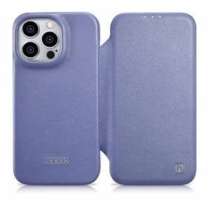 iCarer CE Premium ādas folio viedtālruņa apvalks iPhone 14 Pro Max magnētiskais atveramais ādas folio apvalks MagSafe gaiši violeta
