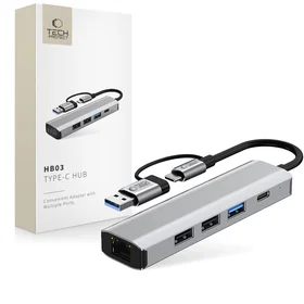 Tech-Protect HB03 HUB adapteris 5in1 USB-C + USB2.0 + USB3.0 + RJ45 - pelēks