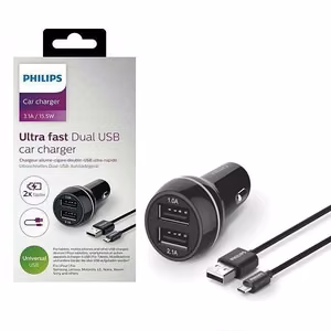 Automašīnas lādētājs Philips (2xUSB 3.1A) melns