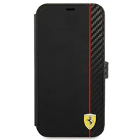 Ferrari FESAXFLBKP13SBK iPhone 13 mini 5.4" melns/melns grāmatas tipa apvalks On Track Carbon Stripe