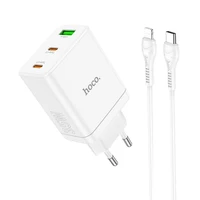 Lādētājs Hoco 2 x USB C + USB A QC3.0 PD 3A 35W N33 + Kabelis USB C uz Lightning N33 balts