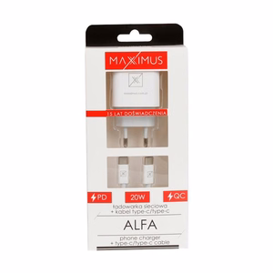 Sienas lādētājs MX ALFA 20W PD+QC, USB-A+C + C/C kabelis 20W PD, balts
