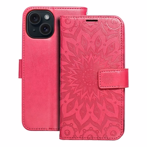MEZZO Grāmatas tipa viedtālruņa apvalks IPHONE 15 mandala purpursarkana