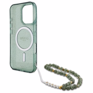 Guess IML Glitter With Pearl Strap Magnētiskais viedtālruņa apvalks MagSafe iPhone 16 Pro Max - zaļš