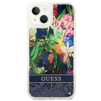 Guess GUHCP14SLFLSB iPhone 14 6.1 "zils cietais apvalks Flower Liquid Glitter