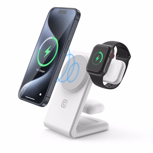 Crong MagSpot Pivot Stand 3 vienā bezvadu lādētājs iPhone, Apple Watch un AirPods ierīcēm, saderīgs ar MagSafe, balts