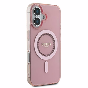 Guess IML Rhinestones Magnētiskais viedtālruņa apvalks iPhone 16 - rozā