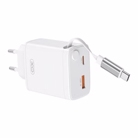 XO wall lādētājs CE31 1x USB 1x USB-C 30W balts with retractable USB-C kabelis