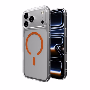 Puro Lite Mag TPU+PC viedtālruņa apvalks saderīgs ar MagSafe iPhone 17 Pro Max - caurspīdīgs ar oranžu gredzenu