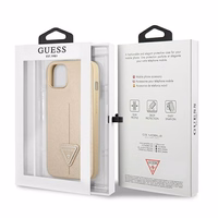 Guess GUHCP13SPSATLE iPhone 13 mini 5.4 viedtālruņa apvalks, bēšs, ciets, ar Saffiano trīsstūra logotipu