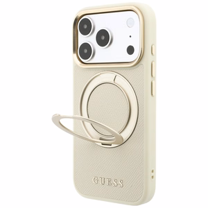 Guess Grained Classic Logo vāciņš modelim iPhone 18 Pro / 17 Pro, ar 360° gredzenu-statīvu, saderīgs ar MagSafe – bēšs