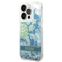 Guess GUHCP14LLFLSN iPhone 14 Pro 6.1 zaļš / zaļš kietais viedtālruņa apvalks Flower Liquid Glitter