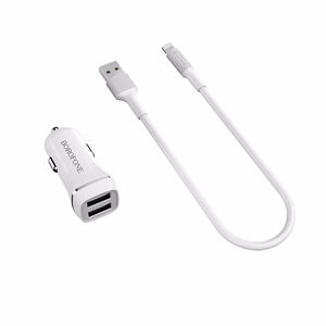 Borofone BZ2 Joyroad automašīnas lādētājs ar 2 USB-A pieslēgvietām, 12 W, ar Lightning kabeli, balts