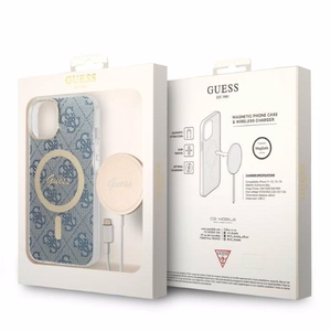 Komplekts Guess GUBPP14MH4EACSB apvalks + lādētājs iPhone 14 Plus 6.7" zils/zils cietais apvalks 4G Print Magnētiskais