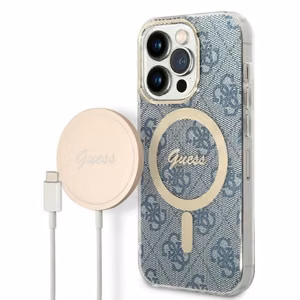 Komplekts Guess GUBPP14LH4EACSB vāciņš + lādētājs iPhone 14 Pro 6.1" zils cietais vāciņš ar 4G rakstu Magnētiskais