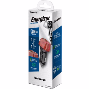 Energizer Ultimate D38WO auto lādētājs, USB-C + USB-A, 38 W PD + QC 3,0, ar riekstkoka rakstu