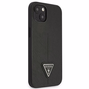 Guess GUHCP13SPSATLK iPhone 13 mini 5.4 viedtālruņa apvalks, melns, ciets, ar Saffiano trīsstūra logotipu