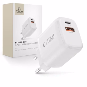 Tech-Protect NCA45W-GAN 2 portu USB-C / USB-A 45W sienas lādētājs - balts