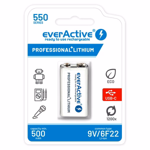 everActive 6F22/9V Li-ion 550 mAh uzlādējama baterija ar USB Type-C