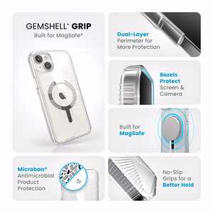 Speck GemShell Grip MagSafe vāciņš ierīcei iPhone 15 Plus / 14 Plus, caurspīdīgs ar hroma krāsas akcentiem