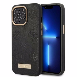 Guess GUHMP13LSAPSTK iPhone 13 Pro / 13 6.1" melns/melns cietais viedtālruņa apvalks Peony Logo Plate Magnētiskais MagSafe