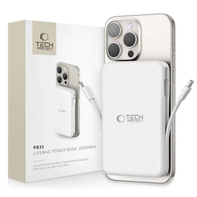Tech-Protect LifeMag PB31 portatīvais lādētājs ar MagSafe 10000mAh 15W USB-C / USB-A / iebūvētu USB-C / Lightning kabeļiem - balta