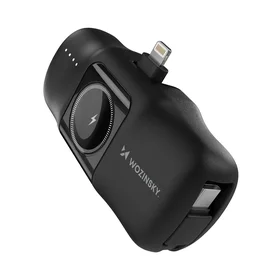 Wozinsky WF16-YLS 5000mAh 15W Lightning mini portatīvais lādētājs ar iebūvētu USB-C kabeli un Apple Watch lādētāju - melna