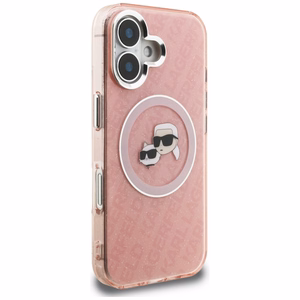 Karl Lagerfeld IML Glitter Karl & Choupette Heads Logo MagSafe maciņš iPhone 16 - rozā